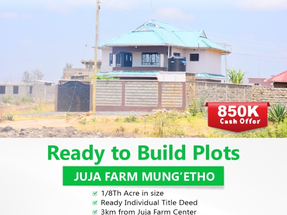 Ready to build plot advertisement showing 1/8 acre plots with individual title deeds