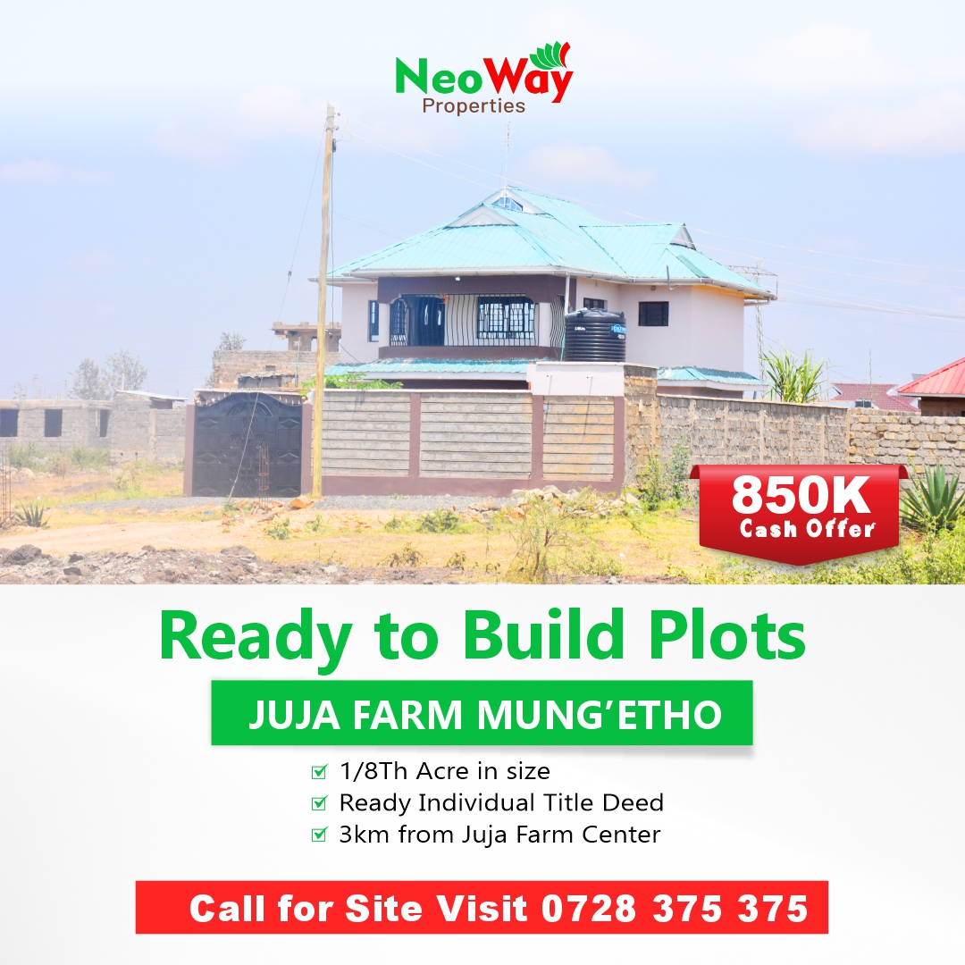 Ready to build plot advertisement showing 1/8 acre plots with individual title deeds